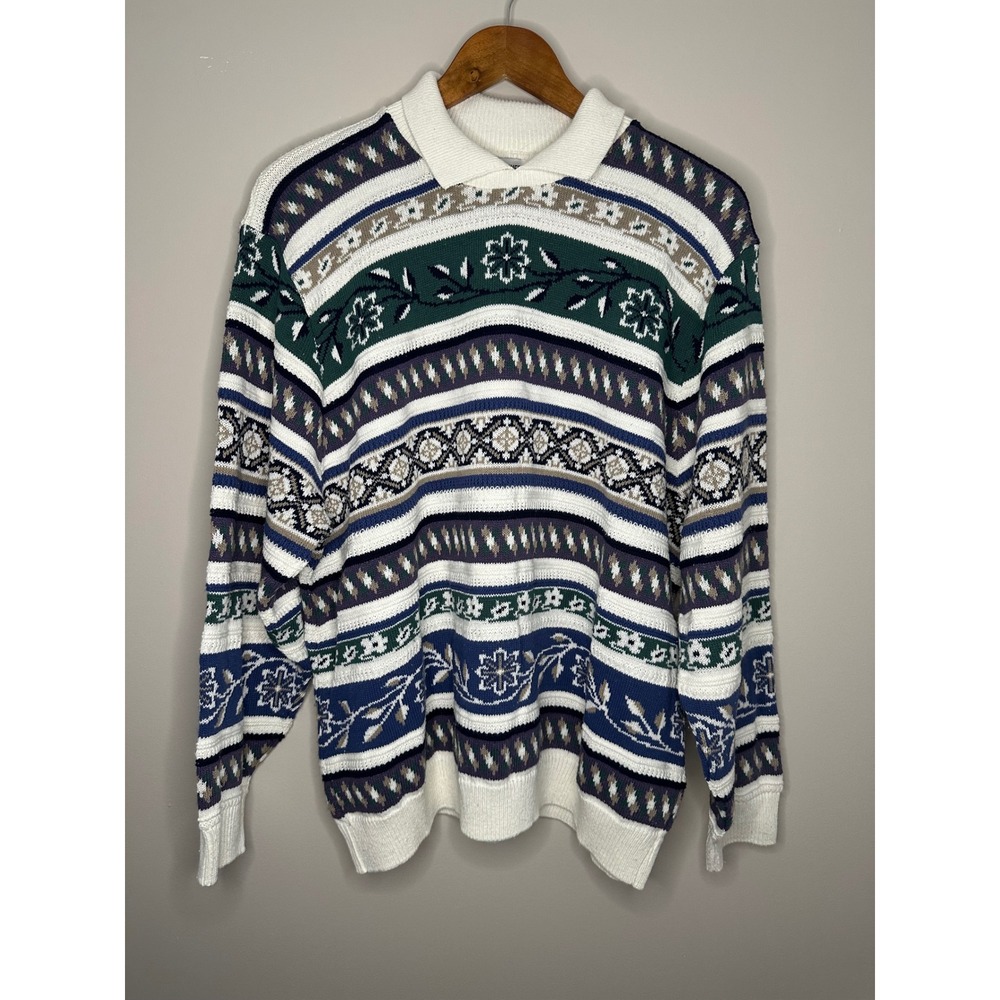 Alfred Dunner Vintage Polo Sweater Womens 2X White Floral Fair Isle EUC Retro